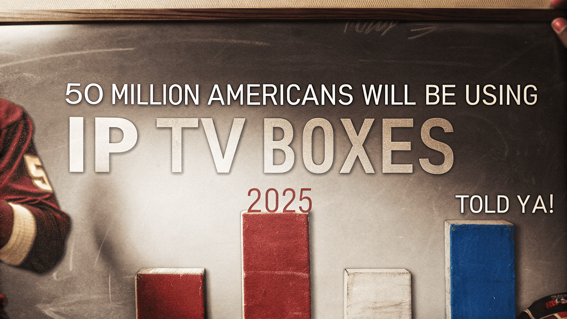 Guy smiling with an IPTV box for USA, TV streaming in the background