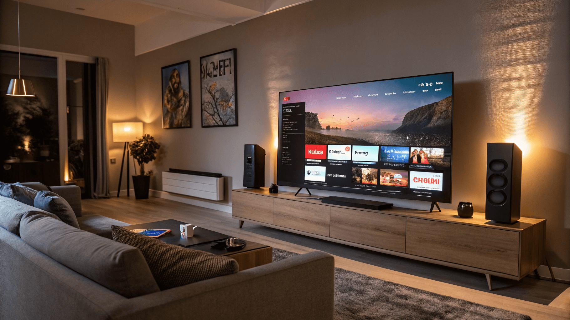 4K Live IPTV Streaming Modern living room setup with a smart TV displaying vibrant 4K content